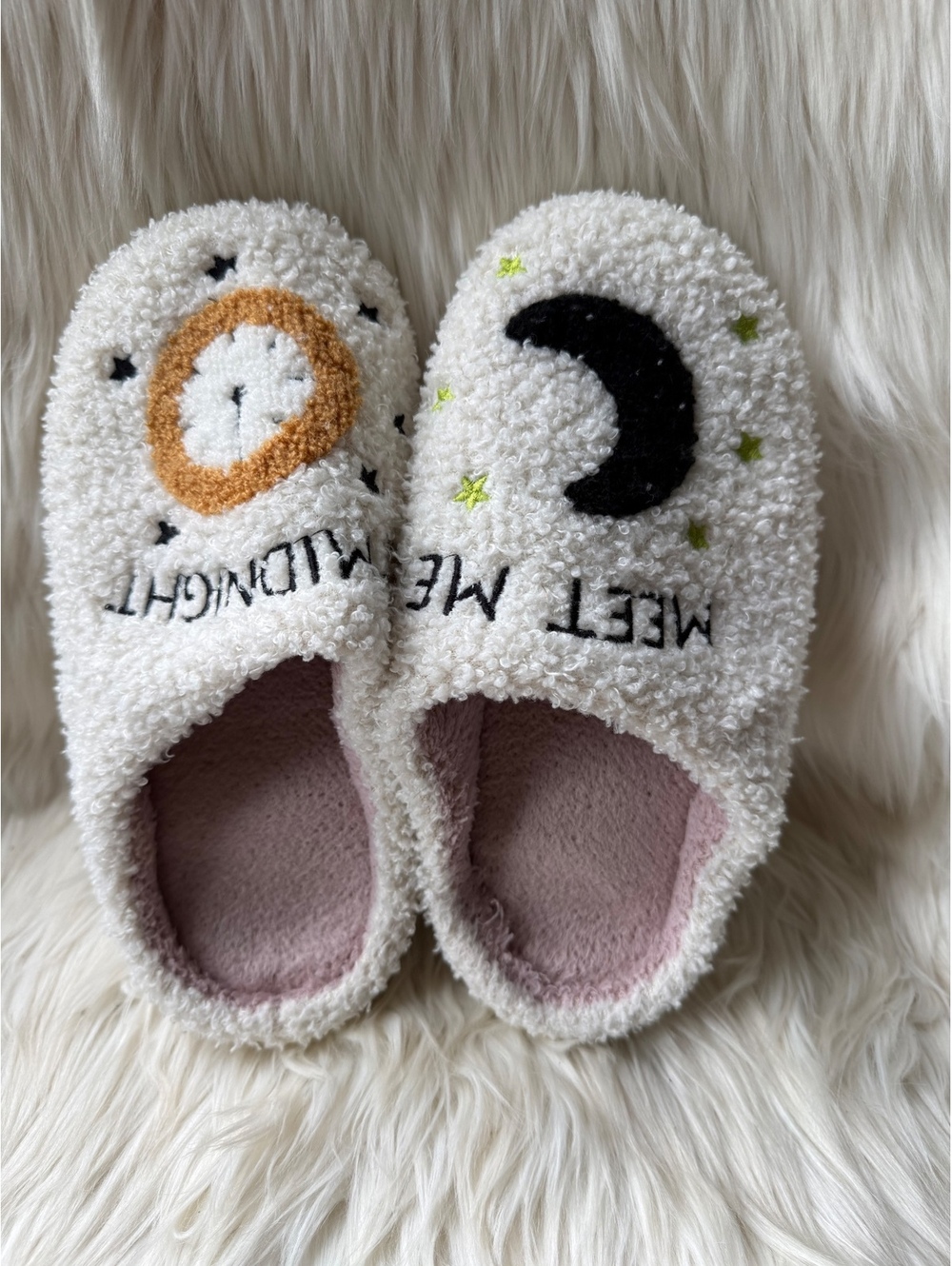 Cozy White Fuzzy Slippers with “Meet Me At Midnight”Embroidery, Size 38-39